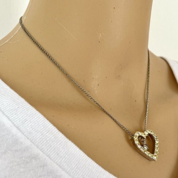Vintage Necklace Rhinestone Heart Pendant Cable Chain Box Clasp Closure - Picture 3 of 15